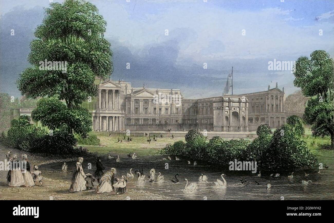 Swans in the pons at Buckingham Palace, London aus dem Buch Illustrated London, oder eine Reihe von Ansichten in der britischen Metropole und ihrer Umgebung, graviert von Albert Henry Payne, aus Originalzeichnungen. Die historischen, topografischen und verfehlten Mitteilungen von Bichnell, W. I; Payne, A. H. (Albert Henry), 1812-1902 Veröffentlicht 1846 in London von E.T. Brain & Co Stockfoto