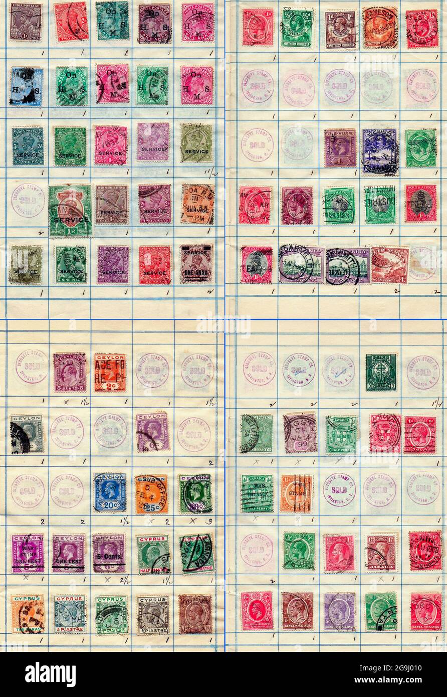 Eine Sammlung alter Briefmarken aus verschiedenen Teilen der British Empire Philately ist die Erforschung von Briefmarken und Postgeschichte. Stockfoto