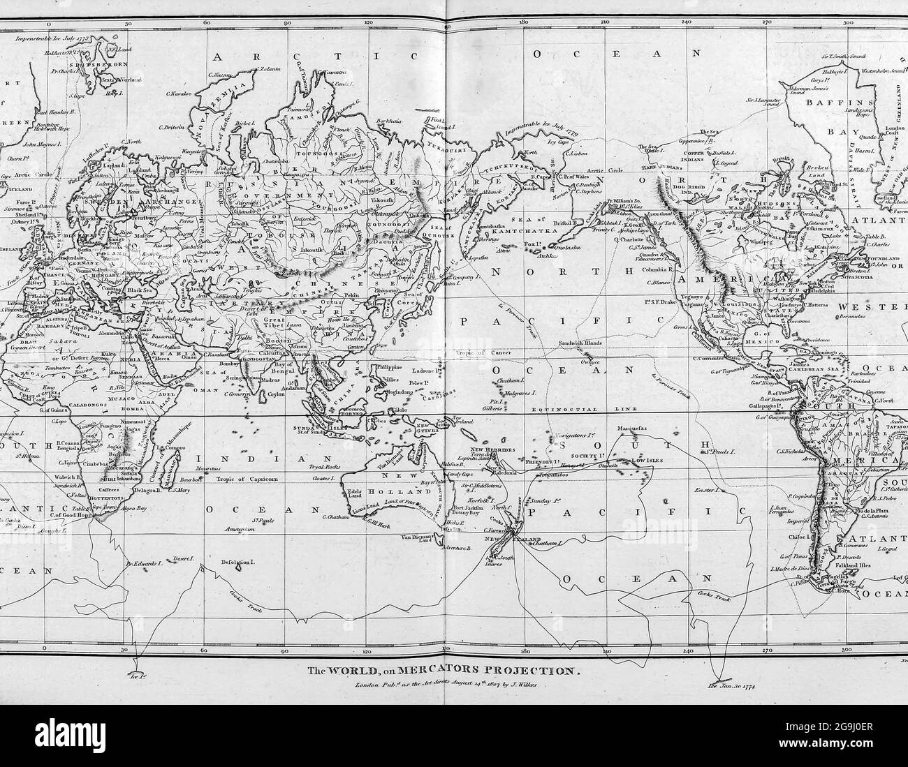 Die Welt auf Mercator Projektion Kupferstich aus der Encyclopaedia Londinensis oder, Universal Dictionary of Arts, Sciences, and literature; Band VIII; herausgegeben von Wilkes, John. Veröffentlicht 1810 in London. Stockfoto