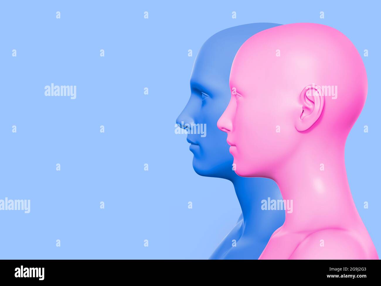 3d Rendering Illustration von blauen und rosa farbigen männlichen und weiblichen Gesichtern auf blauem Hintergrund, Beziehungspsychologie Konzept. Stockfoto