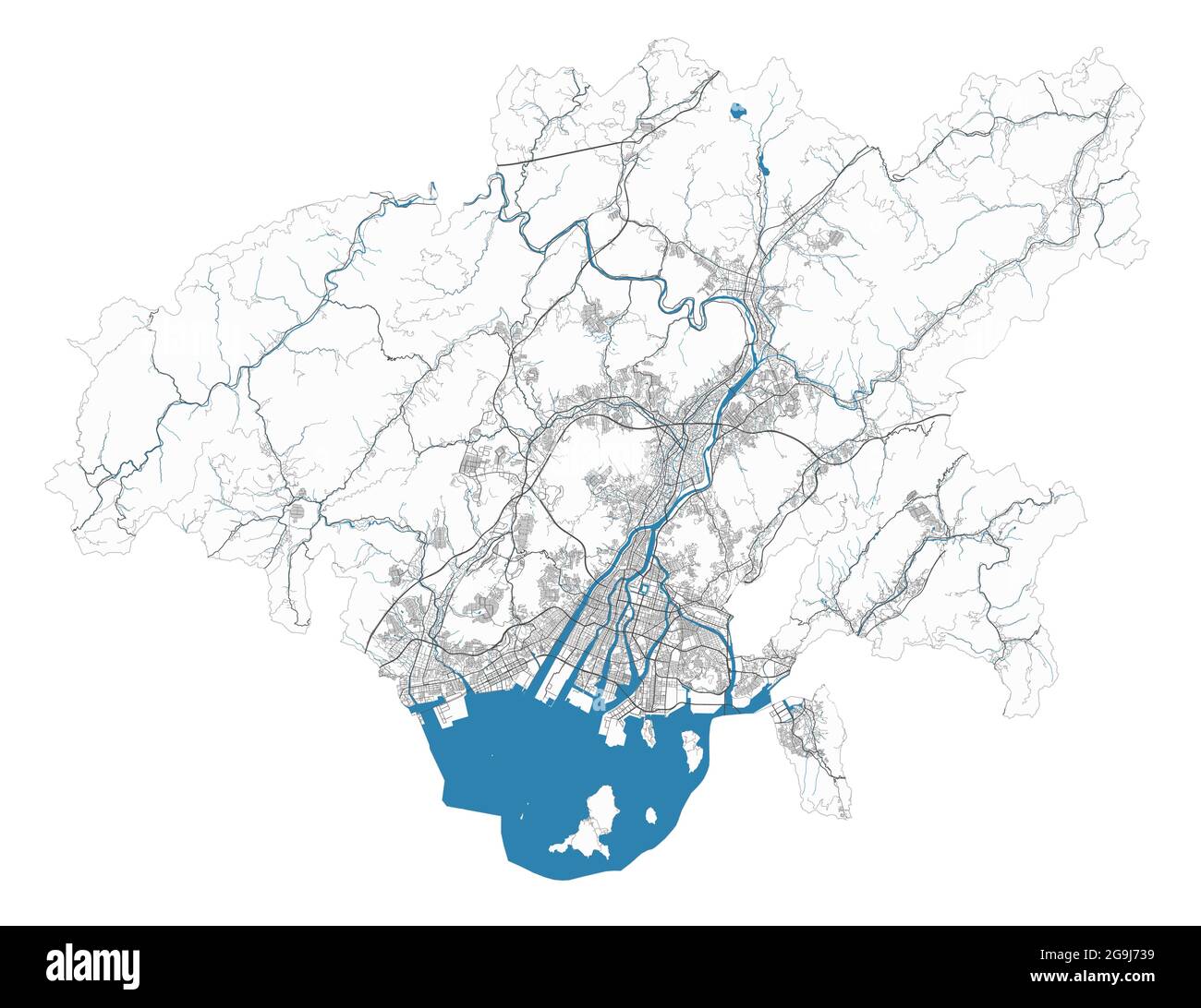 Hiroshima-Karte. Detaillierte Karte des Verwaltungsgebiets der Stadt Hiroshima. Stadtbild-Panorama. Lizenzfreie Vektorgrafik. Übersichtskarte mit Autobahnen, st Stock Vektor