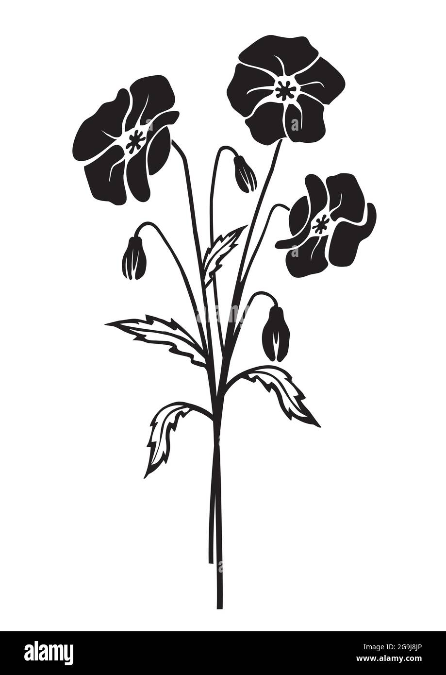 Poppy Blumen schwarze Silhouette. Stilisierte Illustration des melantmütigen Blumenmotivs. Isoliert auf weißem Hintergrund. Vektor verfügbar. Stock Vektor