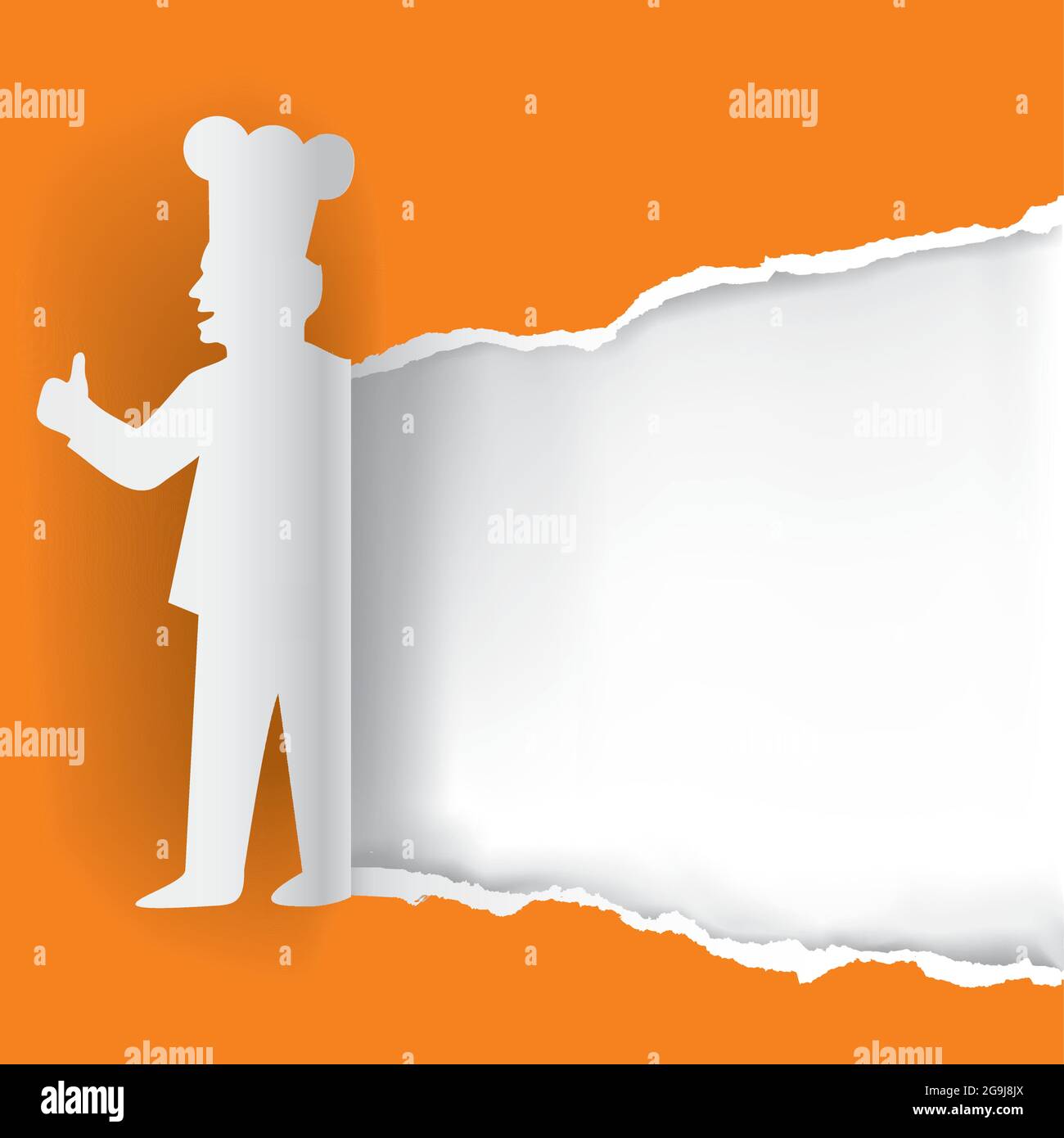 Paper Chef, Bannervorlage. Orangefarbener Papierhintergrund mit stilisierter Papiersilhouette von Cook. Vektor verfügbar. Stock Vektor