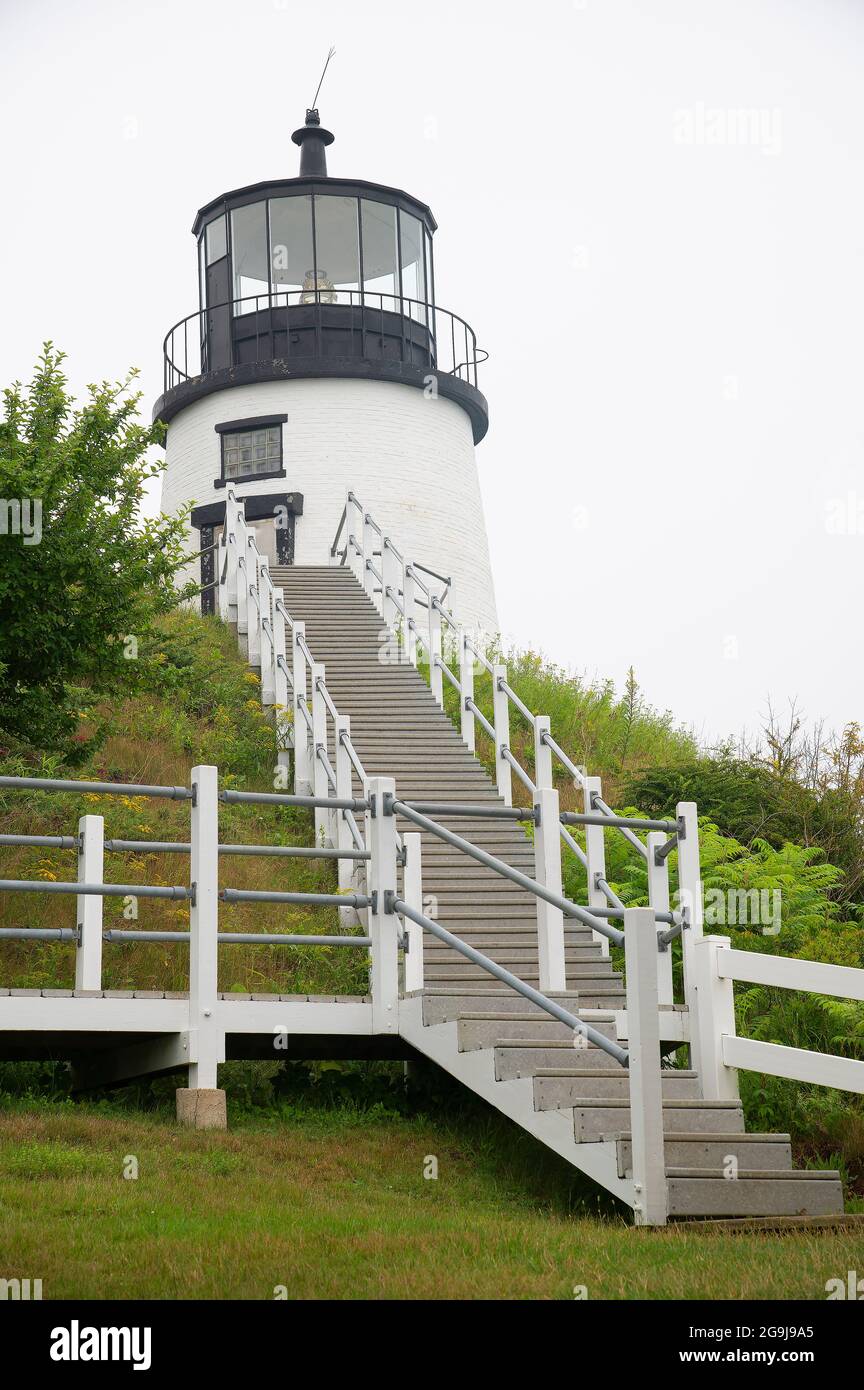 Eulen-Kopflicht (1825 - heutiger Turm 1856) an einem nebligen Morgen in Eulen-Kopflicht, Maine, USA Stockfoto