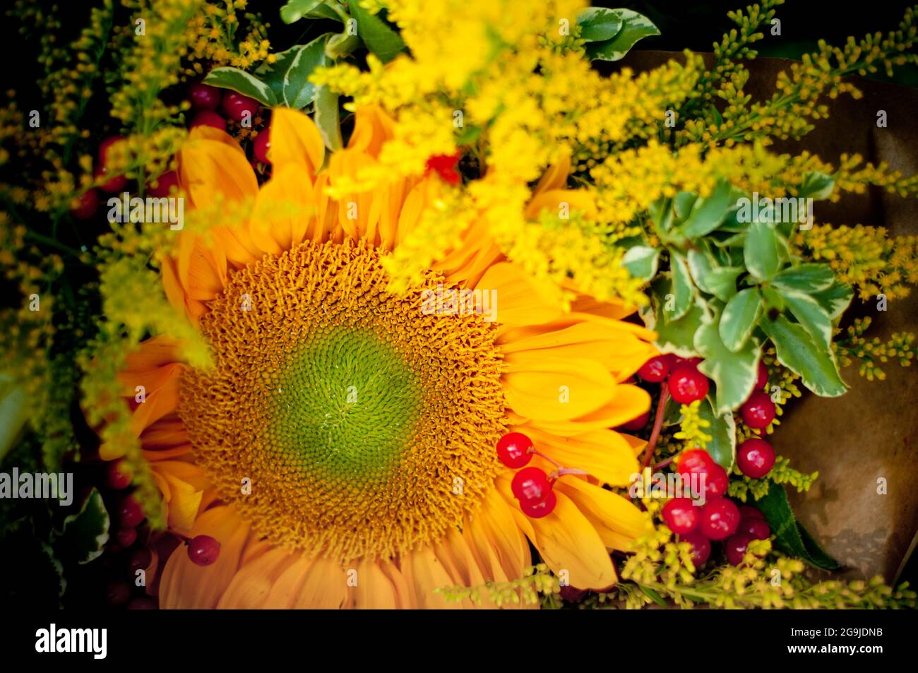 Sonnenblumensträuße in Papierverpackung. Blumenladen Stockfoto