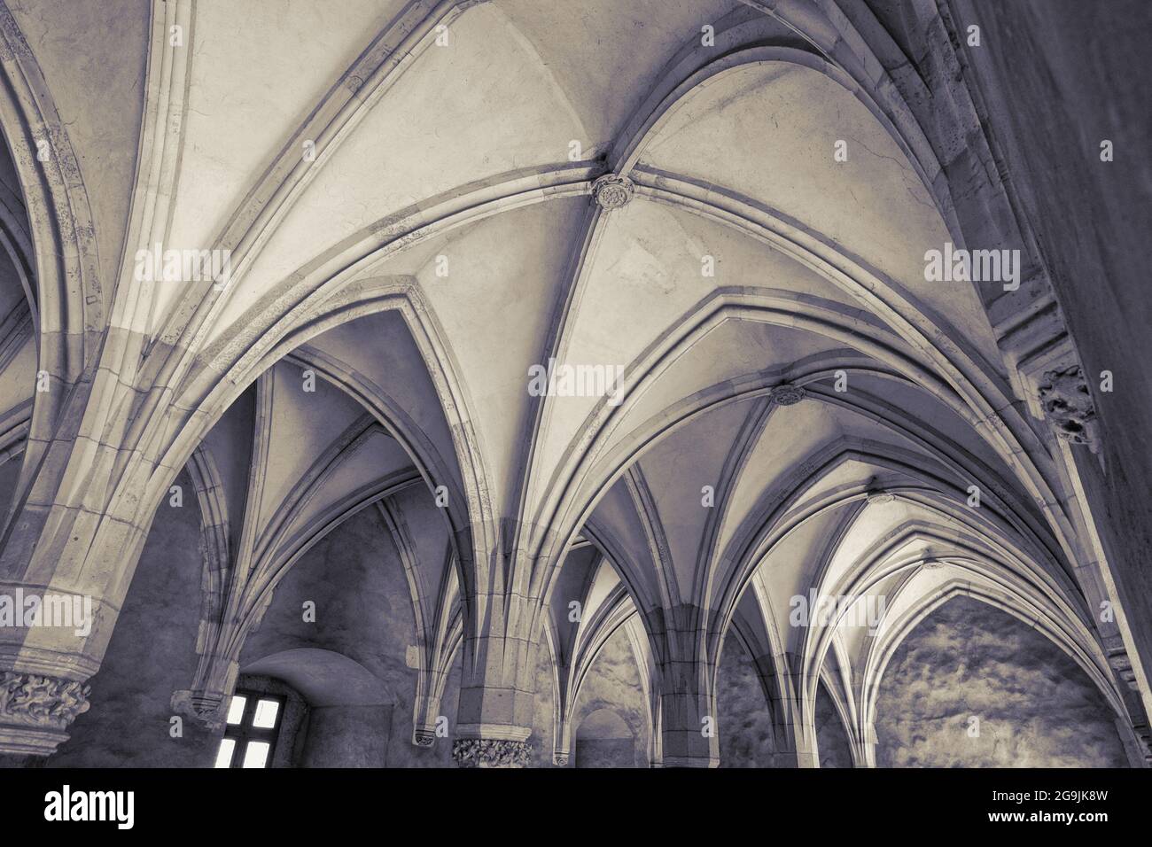 HUNEDOARA, RUMÄNIEN - 13. AUGUST 2015: gotische Gewölbe Rittersaal des Schlosses Corvin in Hunedoara, Rumänien Stockfoto