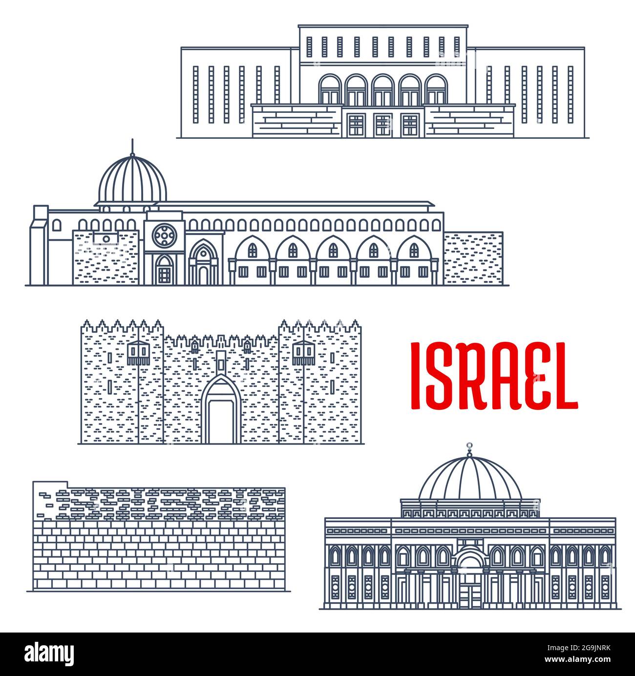Israel Wahrzeichen, Jerusalem Architektur Gebäude, Vektor historische Sehenswürdigkeiten. Israel Wahrzeichen Ikonen Klagemauer Kotel oder Kosel in Jerusalem, Islam Stock Vektor