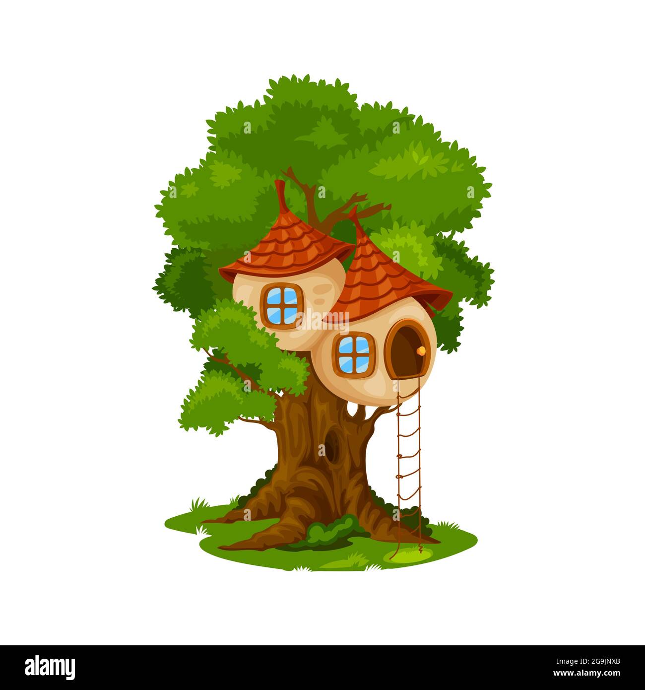 Feenhaus oder Wohnung auf Eiche. Cartoon-Vektor Märchen Kreatur Hütte auf Baum, Zwerg oder Elf Haus, Fantasy-Haus, versteckt geheimnisvollen Baumhaus in fo Stock Vektor