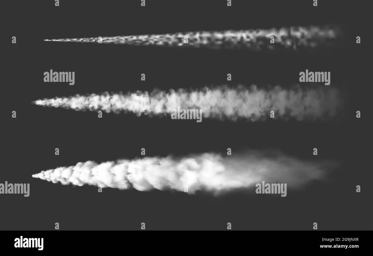 Flugzeug Chemtrails und Flugzeug Dampfstrahlen oder Luft Rauch Spuren Vektor realistisch. Luftflugzeugkonträr oder Raumschiff Rakete Rauch Spur Spuren und Smog tra Stock Vektor