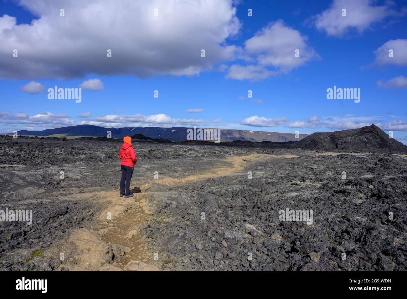 Frau, die über das Lavafeld des Krafla-Vulkans auf einen Krater (letzter Ausbruch 1984) blickt, Skutustaoir, Norourland eystra, Island Stockfoto