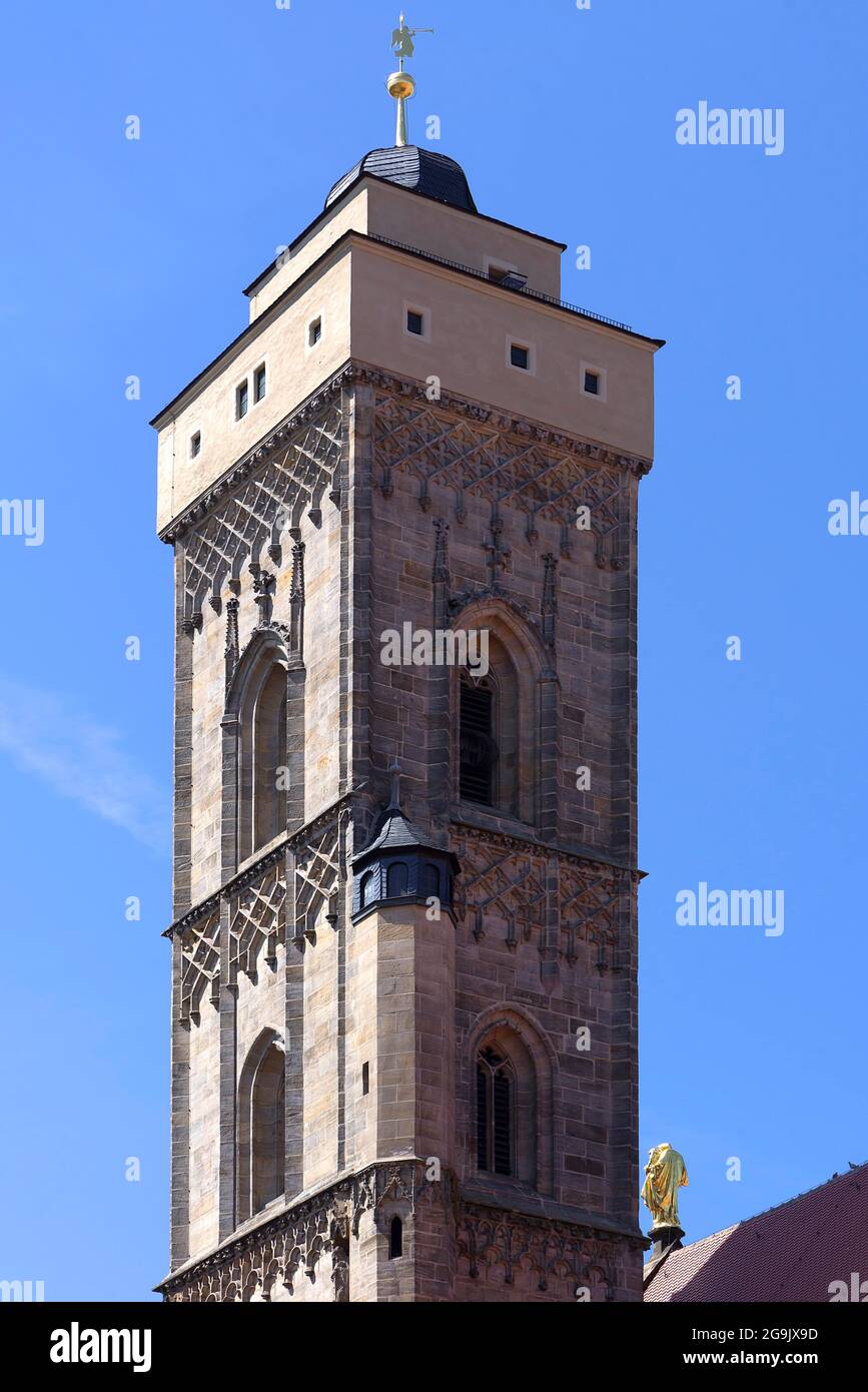Turm der Oberen Gemeinde, blauer Himmel, Bamberg, Oberfranken, Bayern, Deutschland Stockfoto