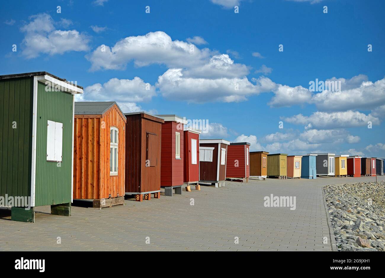 Bunte Badehäuser, Dagebuell, Nordsee, Schleswig-Holstein, Deutschland Stockfoto