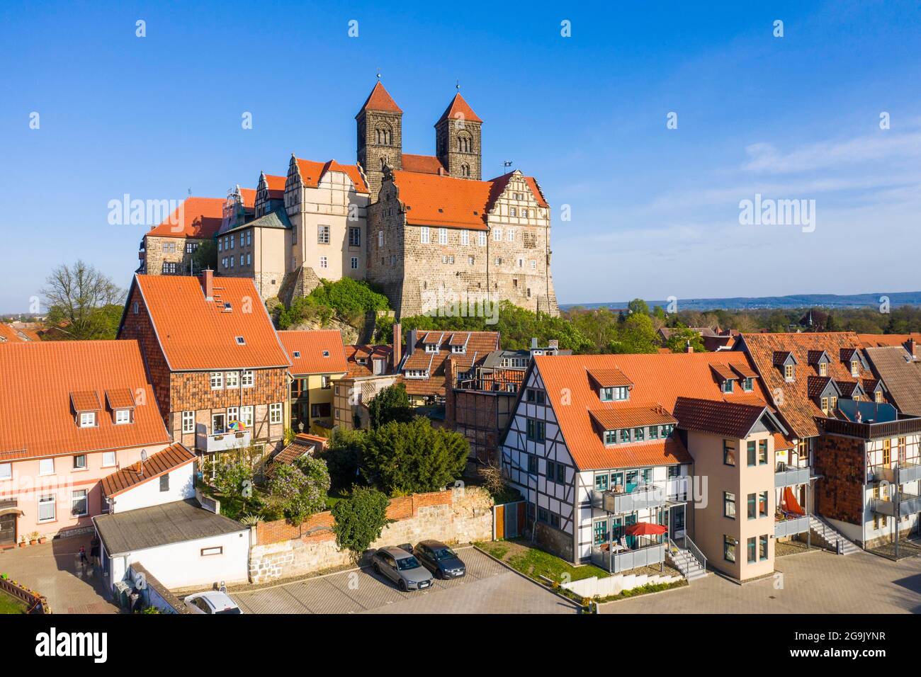 Luftaufnahme des UNESCO-Weltkulturerbes der Stadt Quedlinburg, Sachsen-Anhalt, Deutschland Stockfoto