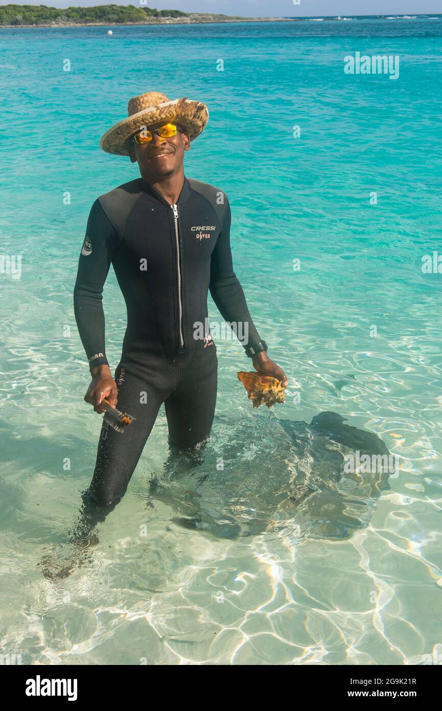 Ein einheimischer Mann putzt eine Muschel, während ein Ray um seine Füße schwimmt, Exumas, Bahamas, Karibik Stockfoto