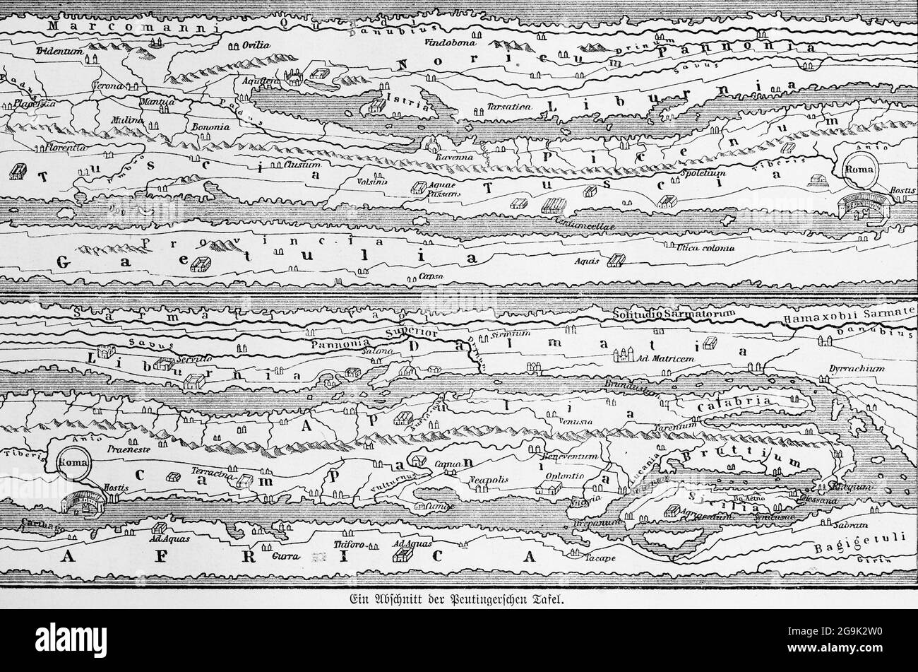 Ein Ausschnitt aus der kartografischen Darstellung des Peutingertisches (Tabula Peutingeriana), UNESCO-Welterbe, historische Weltkarte Stockfoto