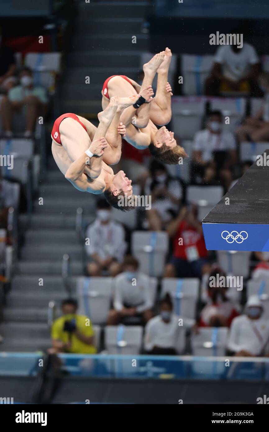 RIENDEAU Vincent, ZSOMBOR-MURRAY Nathan (CAN), 26. Juli 2021. Tauchen – synchronisiertes 10-m-Plattformfinale für Männer im Tokyo Aquatics Center in Tokio, Japan. Kredit: Akihiro Sugimoto/AFLO SPORT/Alamy Live Nachrichten Stockfoto