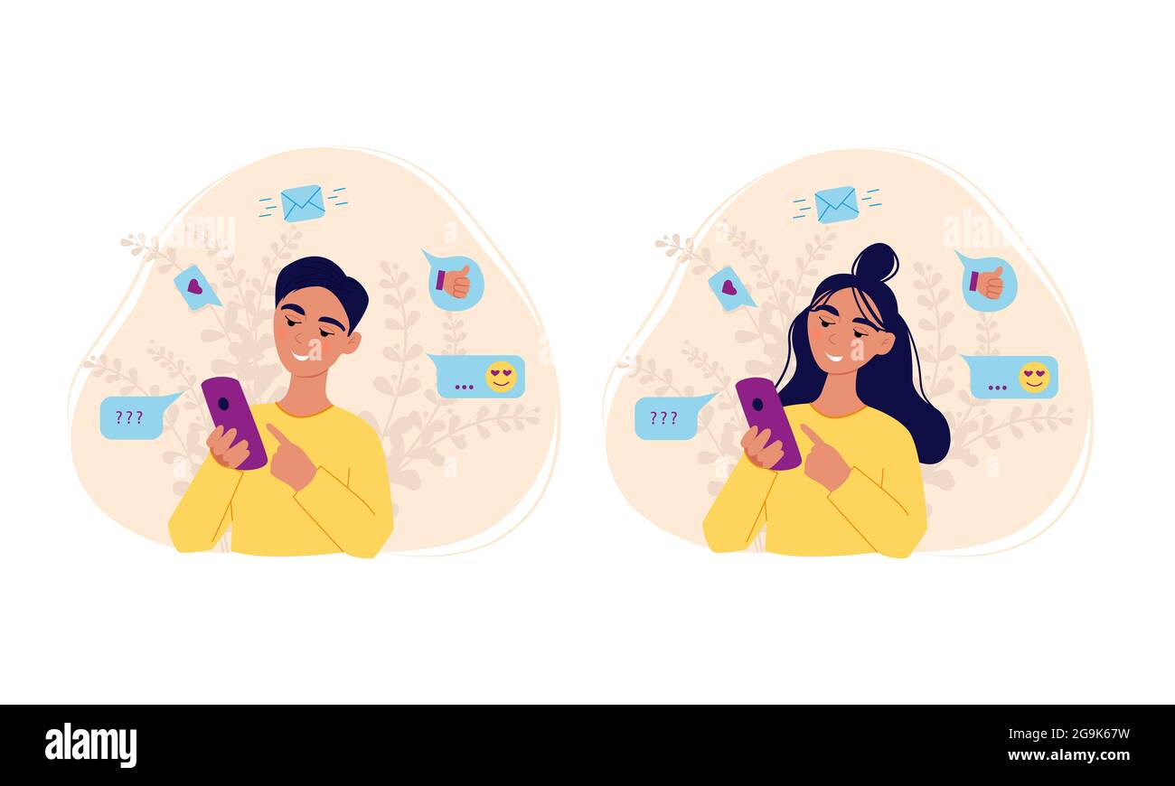 Mädchen und Jungen halten Smartphone liest Message Set, Web-Kommunikation, Vektor-Illustration von Cartoons, flaches Design Stock Vektor