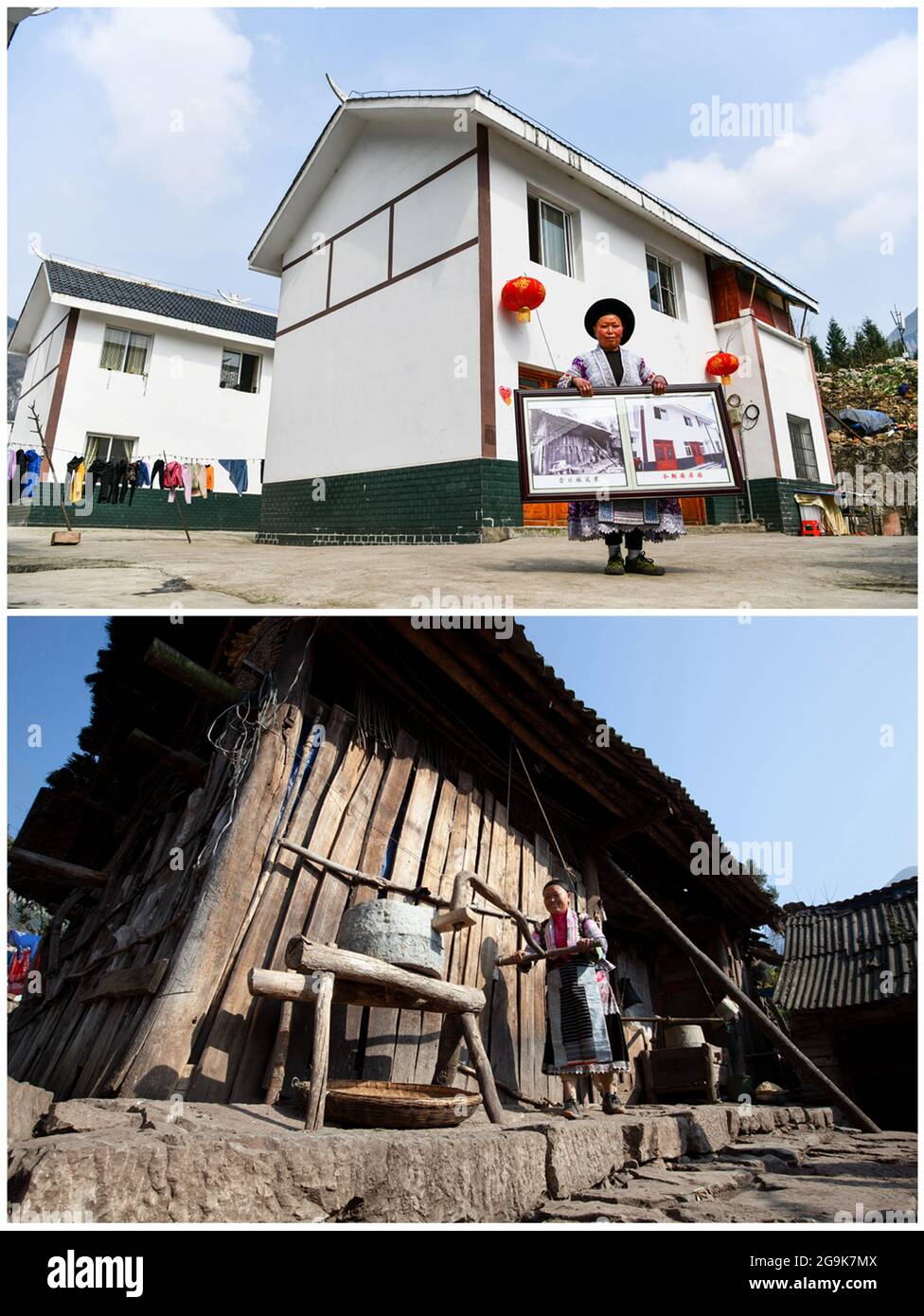 (210726) -- QIANXI, 26. Juli 2021 (Xinhua) -- auf diesem Combo-Foto zeigt der obere Teil, der vom Xinhua-Reporter Yang Wenbin am 20. Februar 2021 aufgenommen wurde, die Dorfbewohnerin Wang Xiangping vor ihrem neuen Wohnsitz in einem Umzugsort zur Armutsbekämpfung; Der untere Teil, den Shi Kaixin am 29. Dezember 2008 aufgenommen hat, zeigt Wang Xiangping beim Schleifen von Hühnern vor ihrem alten Wohnsitz im Dorf Huawu in der Gemeinde Xinren Miao, Stadt Qianxi, südwestlich der Provinz Guizhou in China. Das Dorf Huawu, das sich zwar durch eine einzigartige ethnische Kultur der Miao und einen herrlichen Blick auf die Berge mit riesigen Gewässern rühmt, verfügte einst über ein Armutsverhältnis von A Stockfoto