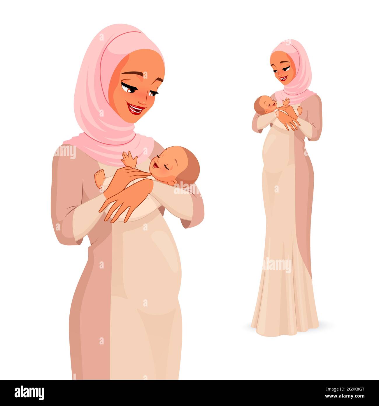 Glückliche muslimische Mutter mit neugeborenem Baby. Vektorgrafik. Stock Vektor