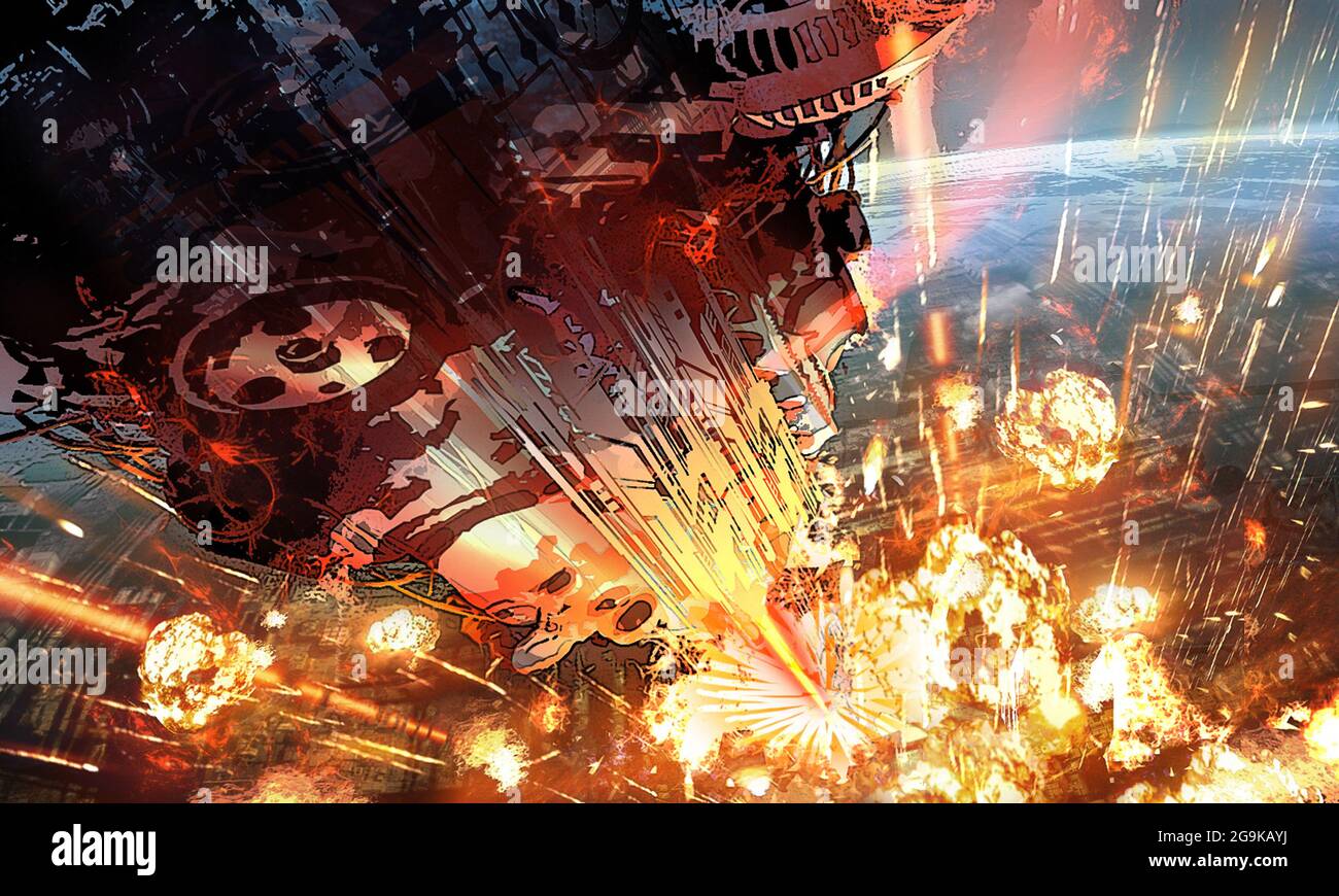 Digitale Illustration der futuristischen Science-Fiction-Szene mit riesigen Raumschiff-Raumschiff-Raumsonde, die einen Angriff auf den Planeten im Weltraumuniversum anvisiert Stockfoto