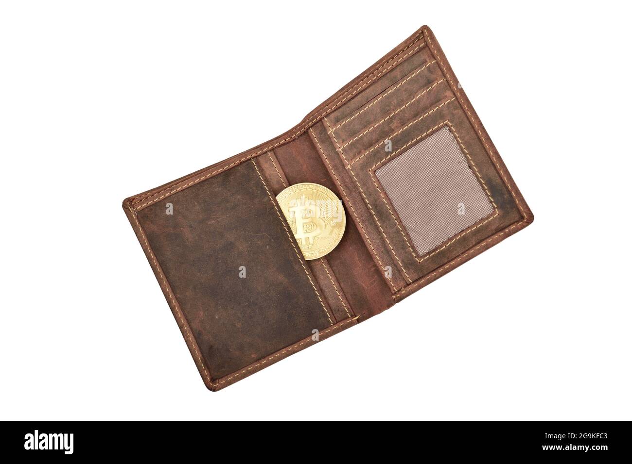Draufsicht Auf Bitcoin In Ledertasche Isoliert Auf Weißem Hintergrund Mit Beschneidungspfad Stockfoto