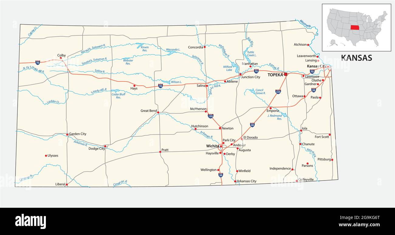 Straßenkarte des US-amerikanischen Bundesstaates kansas Stock Vektor