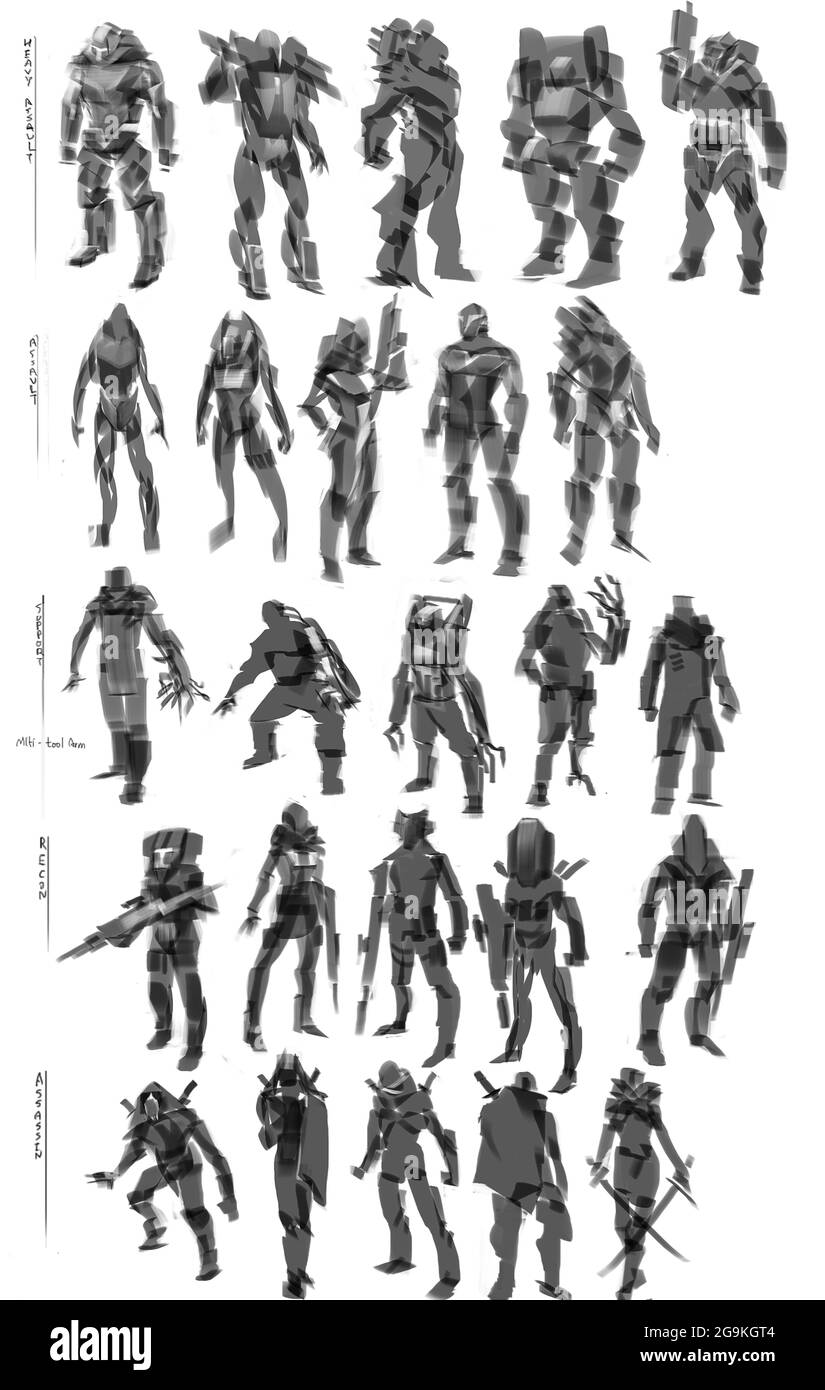 Digitale Illustration des futuristischen Science-Fiction-Roboters Cyborg männlich Mann Spiel Charakter Konzept mit in verschiedenen Pose mit Anzug Rüstung in der Set-Gruppe Stockfoto