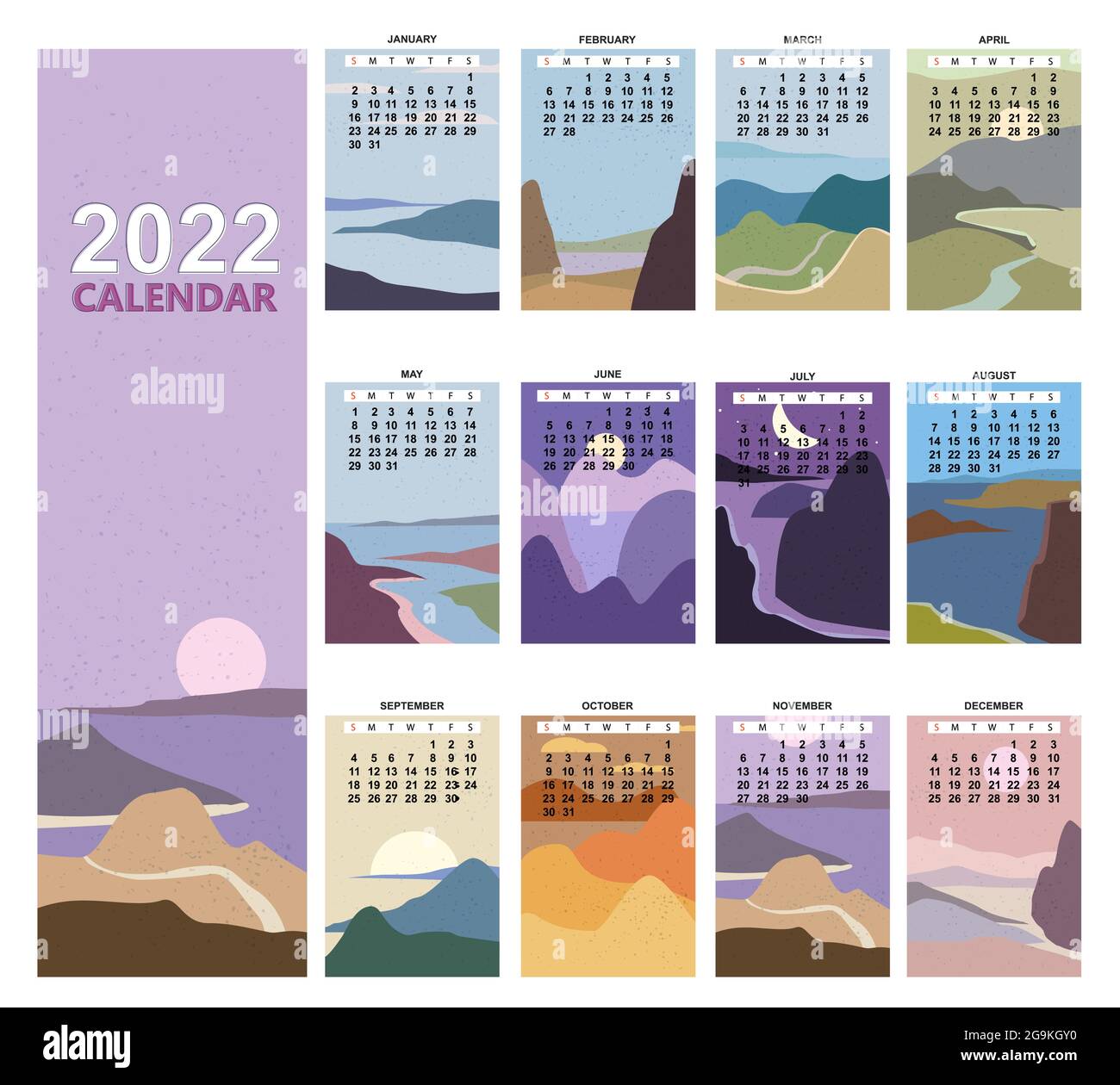 2022 Calendar Planner Abstract minimalistische zeitgenössische Landschaft natürliche Hintergründe. Monatliche Vorlage für das Tagebuchgeschäft. Die Woche Beginnt Am Sonntag. Vektor Stock Vektor