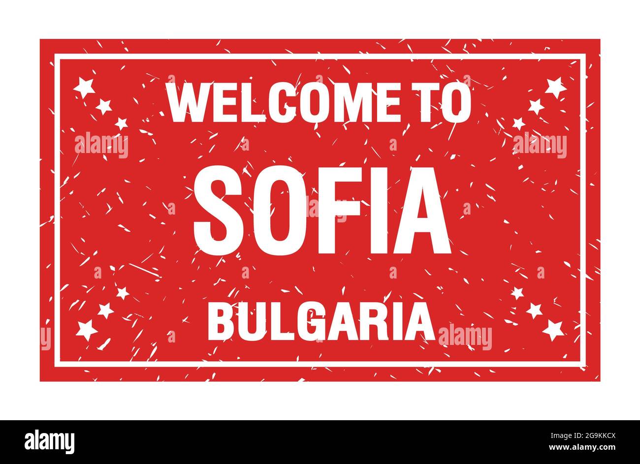 WILLKOMMEN IN SOFIA - BULGARIEN, Worte auf rotem Rechteck Flagge Stempel geschrieben Stockfoto
