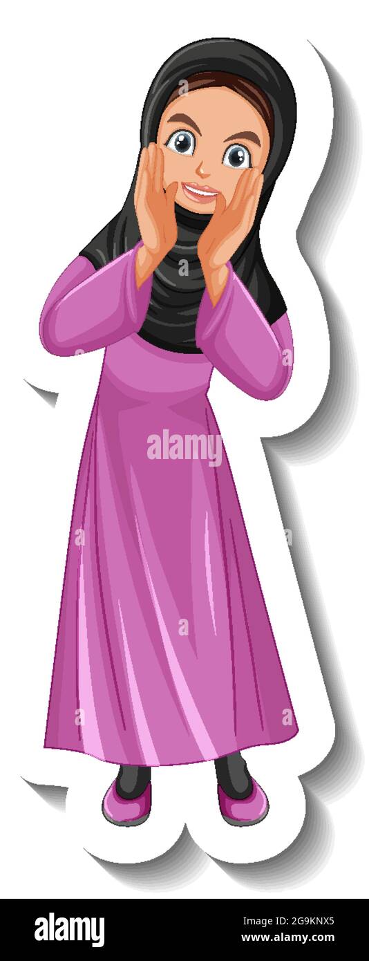Muslimische Frau Zeichentrickfigur Aufkleber auf weißem Hintergrund Illustration Stock Vektor
