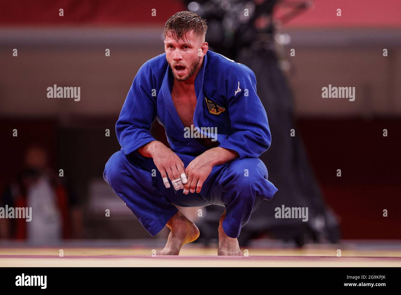 Tokio, Japan. Juli 2021. Judo: Olympia, Vorlauf, - 81 kg, Männer, Viertelfinale bei Nippon Budokan. Dominic Ressel (blau) aus Deutschland reagiert. Quelle: Oliver Weiken/dpa/Alamy Live News Stockfoto
