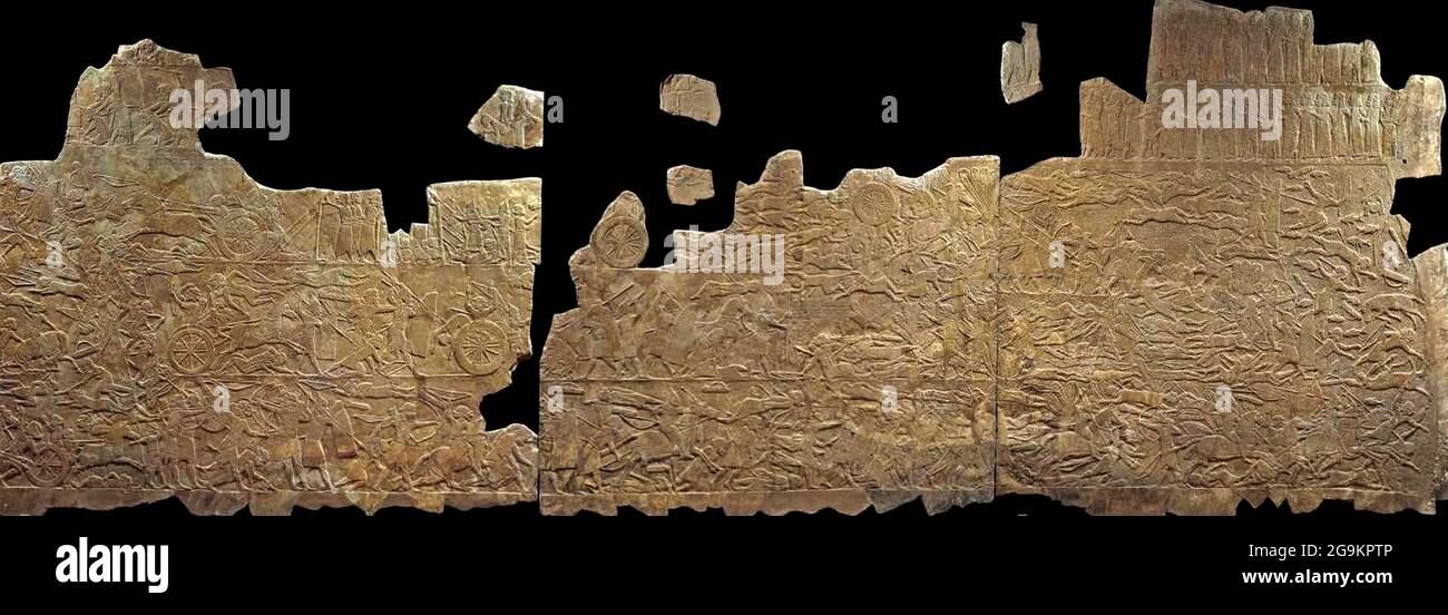 6878. Relief aus dem Palast des assyrischen Königs Aschurbanipal, der die Schlacht von Til-Tuba gegen die aus dem jh. stammenden Elamiten darstellt 660-650 V. CHR. Das Detail d Stockfoto