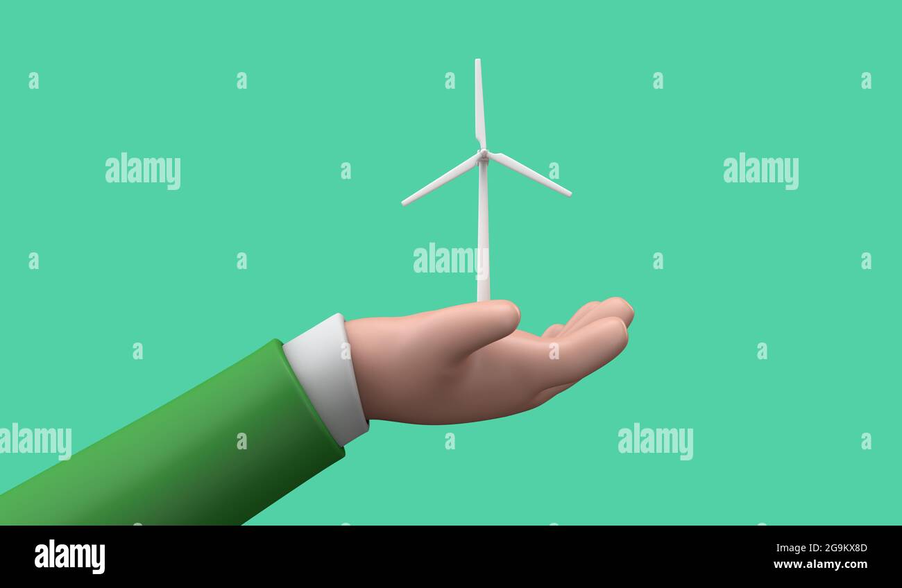 Hand hält eine nachhaltige Windkraftanlage mit grüner Energie. 3D-Rendering Stockfoto