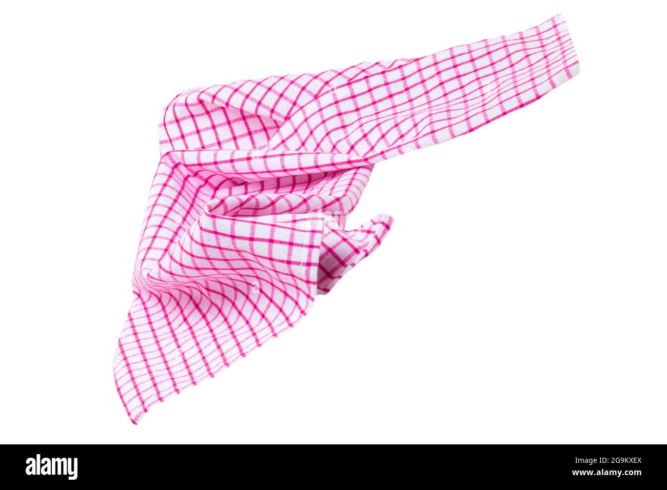 Nahaufnahme einer rosa und weiß karierten Serviette oder Tischdecke Textur isoliert auf weißem Hintergrund. Küchenzubehör. Stockfoto