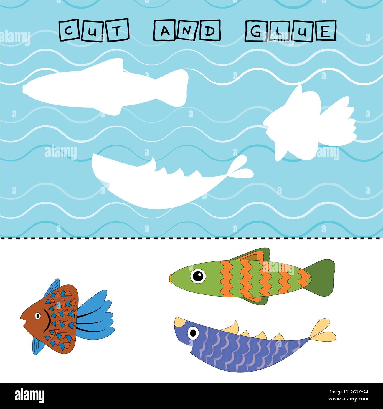 Fische Arbeitsblatt Vektor-Design, ist die Aufgabe zu schneiden und kleben ein Stück auf bunte niedliche Fische . Logikspiel für Kinder. Stock Vektor