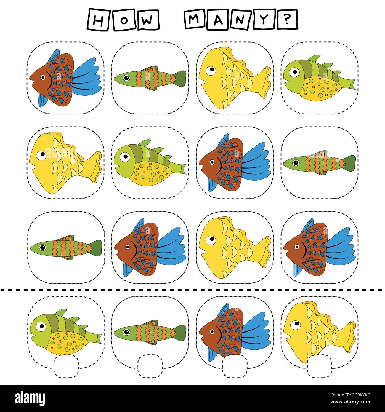 Wie viele Zählspiel mit lustigen Fischen. Arbeitsblatt für Kinder im Vorschulalter, Aktivitätsblatt für Kinder, druckbares Arbeitsblatt Stock Vektor