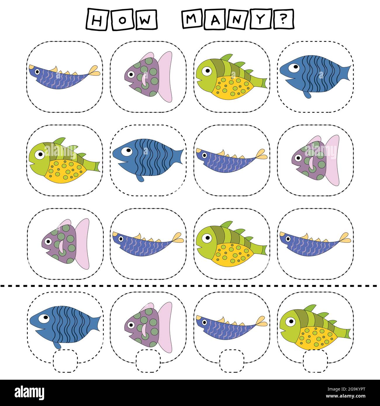 Wie viele Zählspiel mit lustigen Fischen. Arbeitsblatt für Kinder im Vorschulalter, Aktivitätsblatt für Kinder, druckbares Arbeitsblatt Stock Vektor