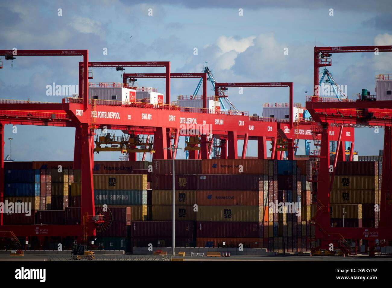 Krane und Transportcontainer am liverpool 2 Containerterminal freeport liverpool england Stockfoto