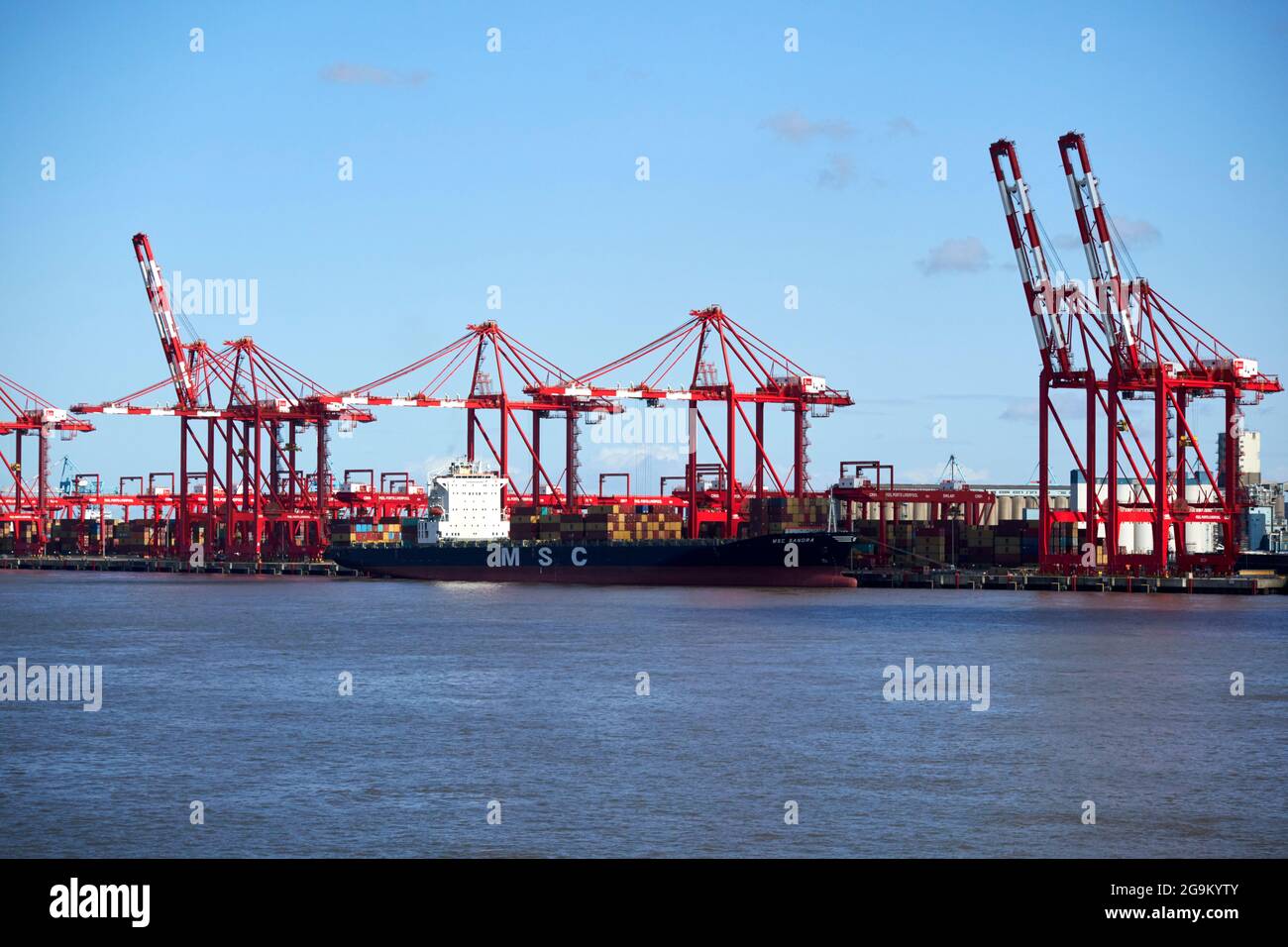 Krane am liverpool 2 Containerterminal freeport Beladung Entladen msc sandra Containerschiff liverpool england uk Stockfoto