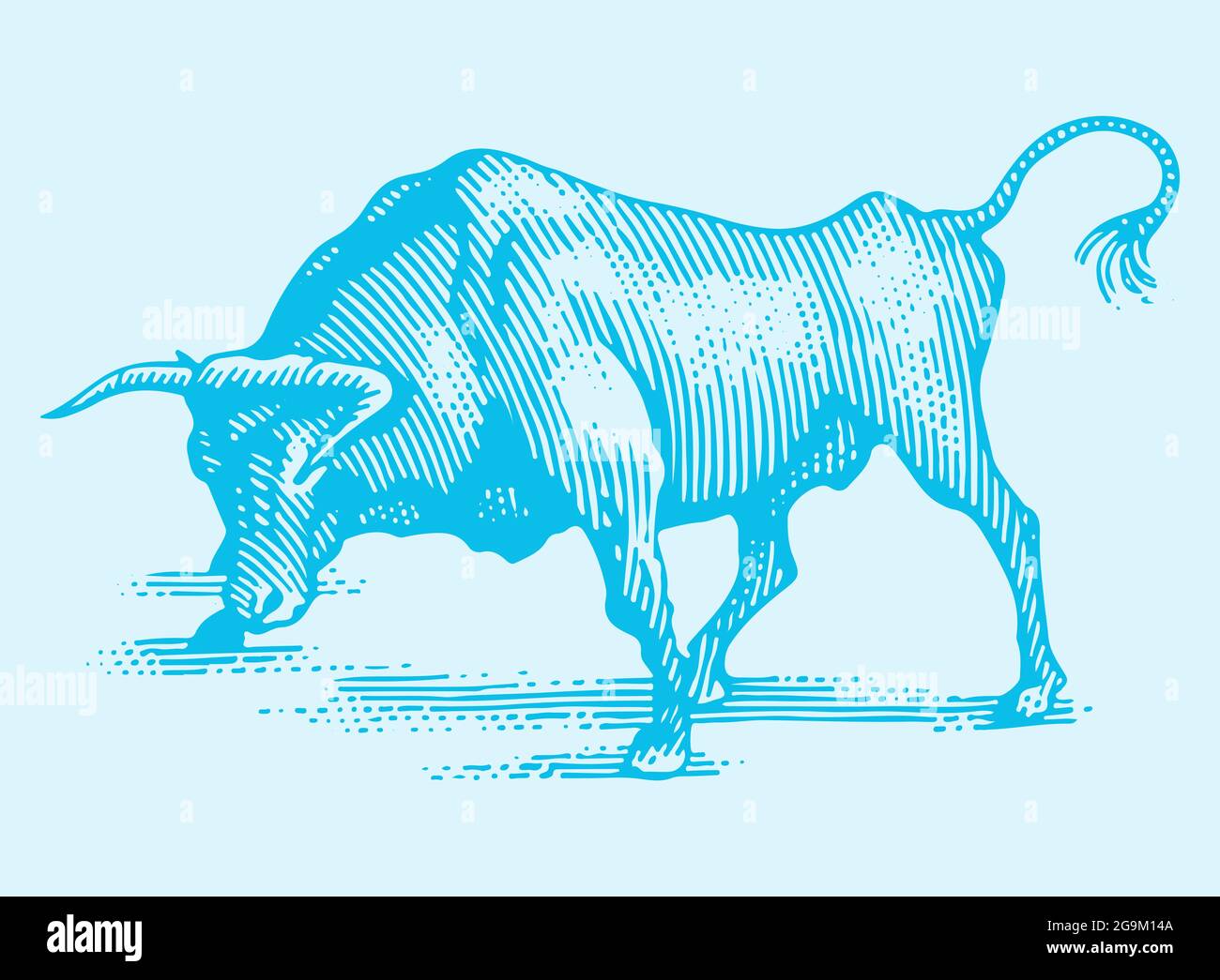 Skizze eines wütenden indischen Bullen, isoliert auf einem hellblauen Hintergrund mit freiem Platz für Text Stockfoto