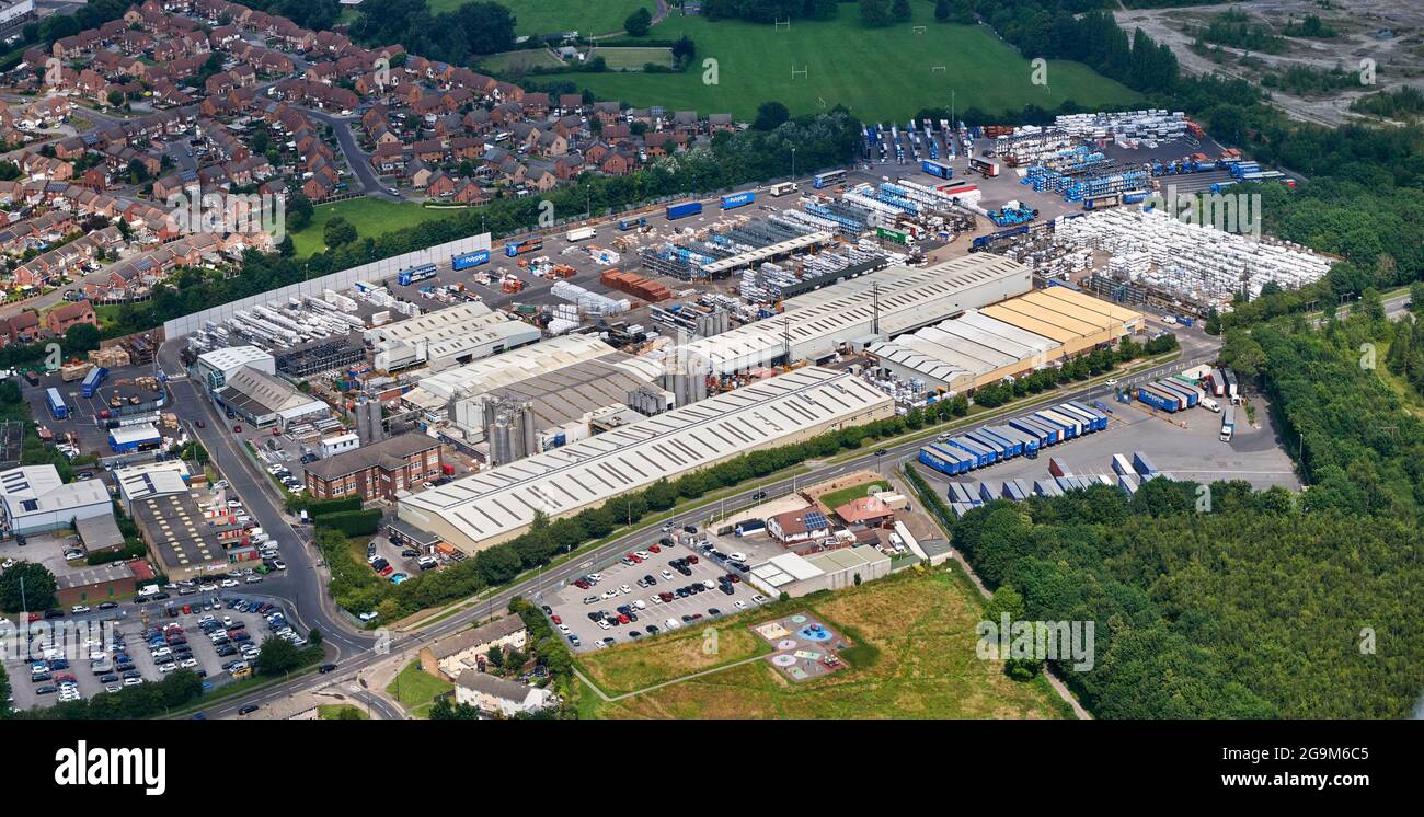 Eine Luftaufnahme der Polypipe-Fabrik, Doncaster, South Yorkshire, Nordengland, Großbritannien Stockfoto