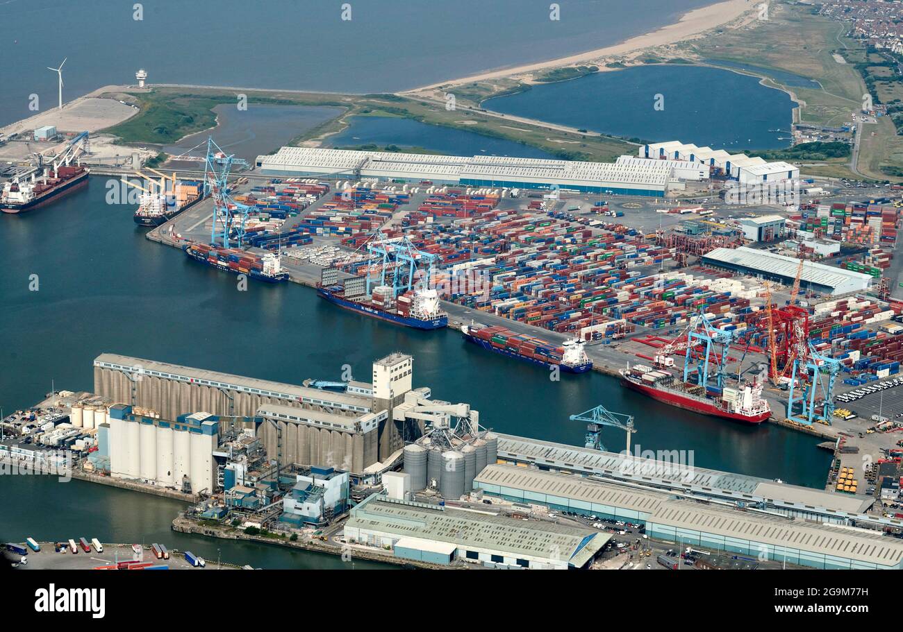 Eine Luftaufnahme von Seaforth Docks, Liverpool, Merseyside, Nordwestengland, Großbritannien Stockfoto