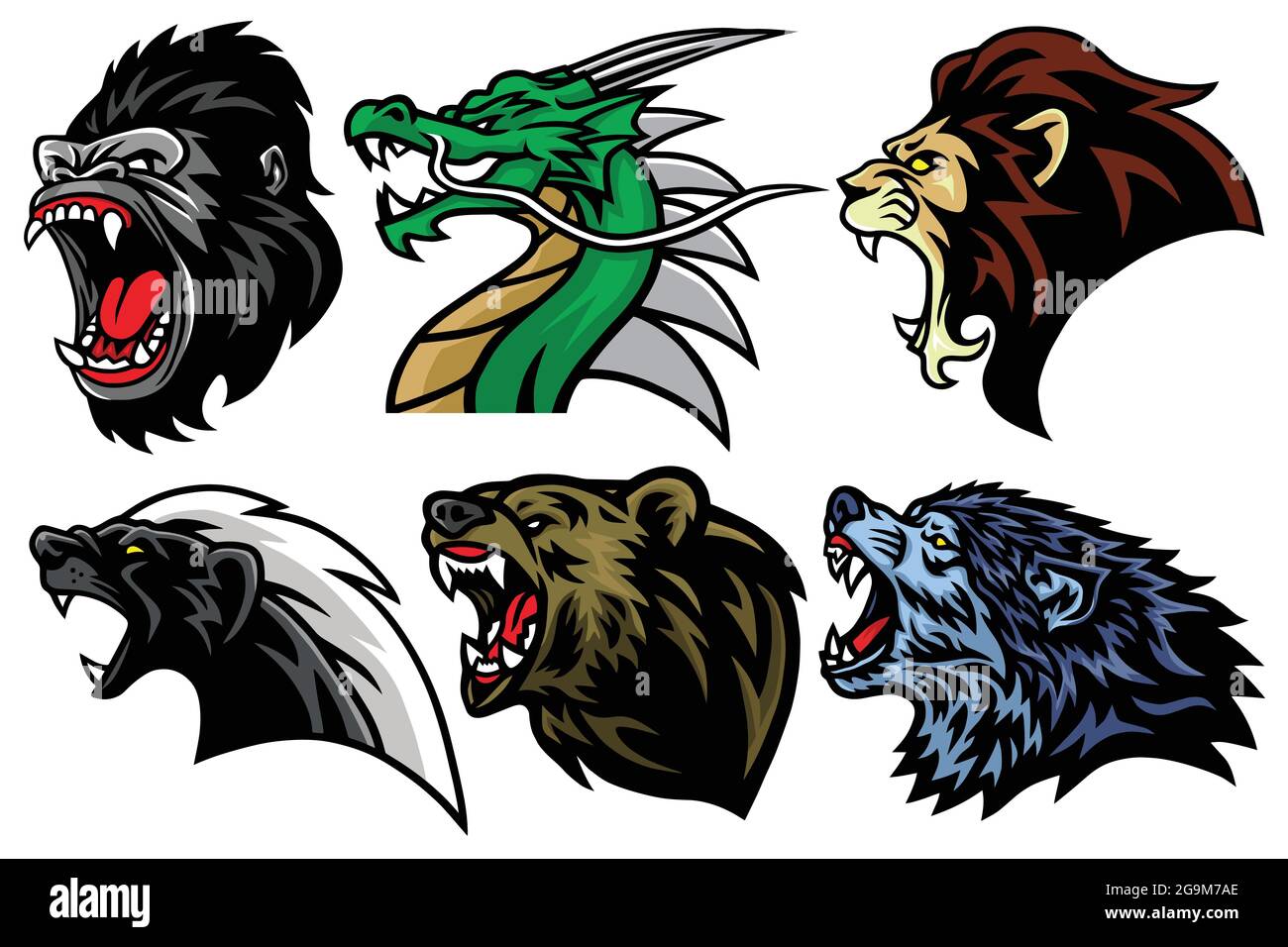 „Wild Animals Head Set“. Löwe, Bär, Gorilla, Drache, Honey Badger ...