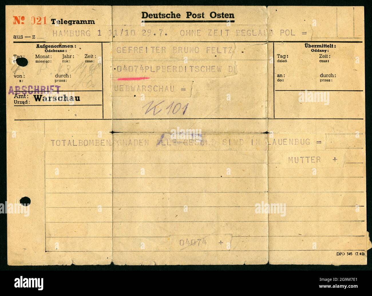 Europa, Deutschland, 2. Weltkrieg, Telegramm vom 7. 8. 1943 an einen deutschen Soldaten in Polen, nur REDAKTIONELLE VERWENDUNG Stockfoto