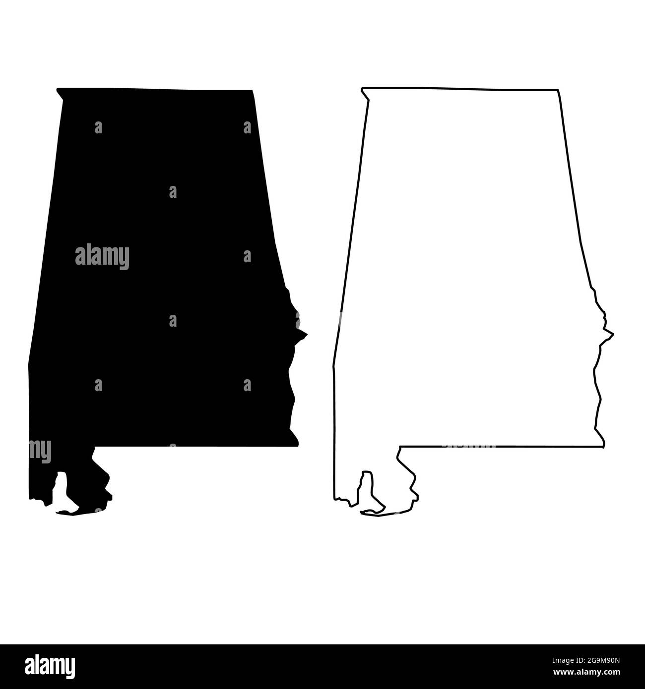 Alabama-Kartensymbol auf weißem Hintergrund. Alabama State-Schild. Karte schwarz umrandet Staat USA. Flacher Stil. Stockfoto