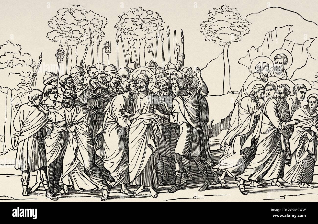 Die Verhaftung Christi. Judas küsste Jesus im Garten von Gethsemene. Alte Illustration von Jesus Christus aus dem 19. Jahrhundert von Veuillot 1881 Stockfoto