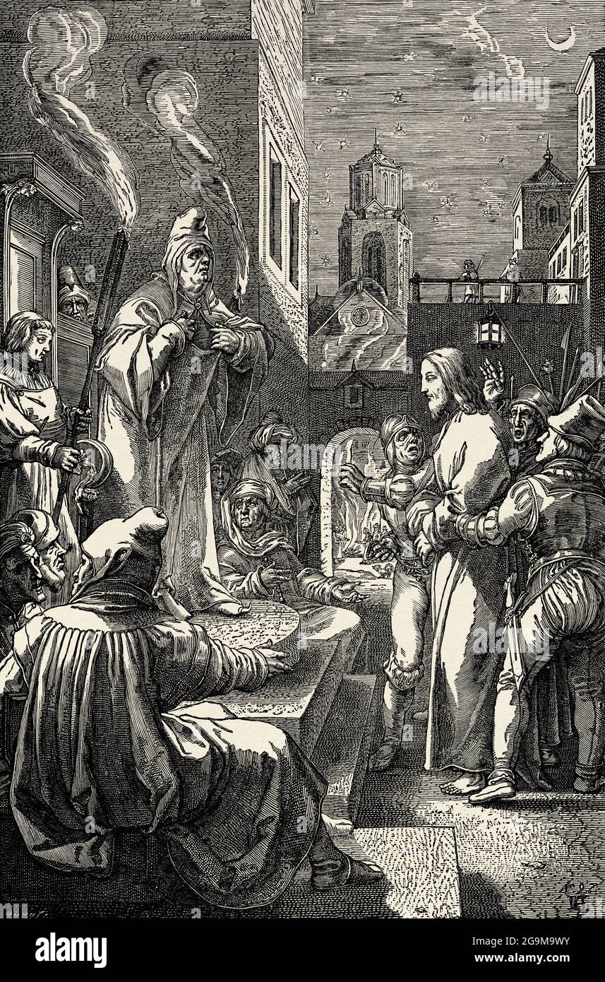 Christus Vor Kaiphas. Alte Illustration von Jesus Christus aus dem 19. Jahrhundert von Veuillot 1881 Stockfoto