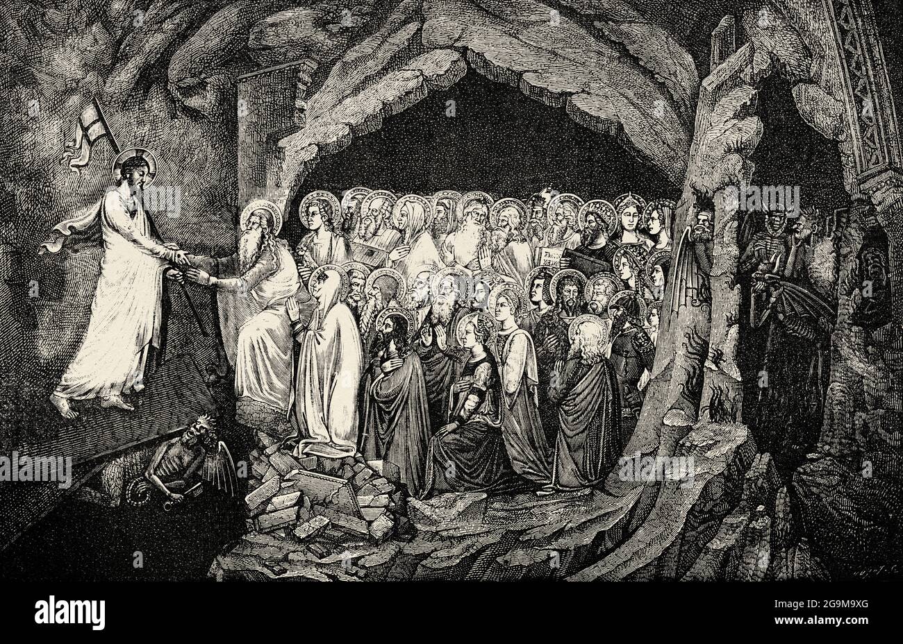 Leidenschaft von Jesus Christus. Der Abstieg in den Limbo. Alte Illustration von Jesus Christus aus dem 19. Jahrhundert von Veuillot 1881 Stockfoto