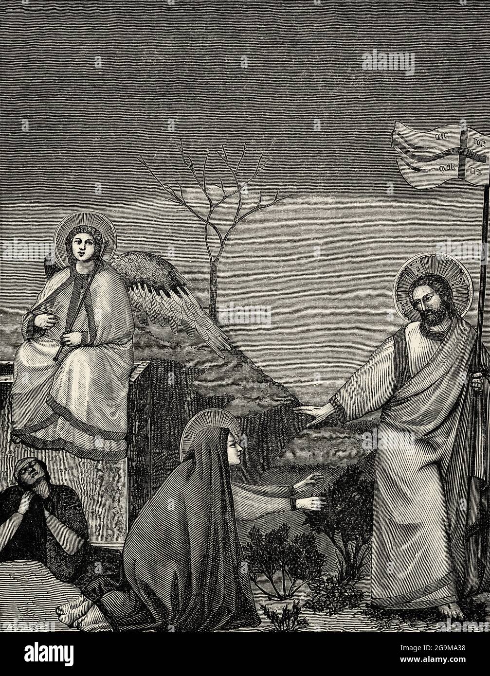 Maria Magdalena erkennt Jesus nach seiner Auferstehung. Alte Illustration von Jesus Christus aus dem 19. Jahrhundert von Veuillot 1881 Stockfoto