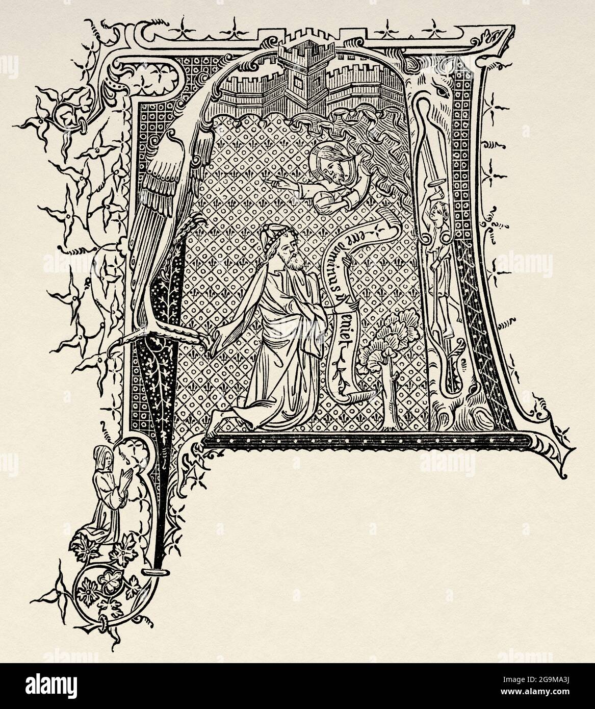 Anfangsbuchstabe A, 14. Jahrhundert. Alte Illustration von Jesus Christus aus dem 19. Jahrhundert von Veuillot 1881 Stockfoto